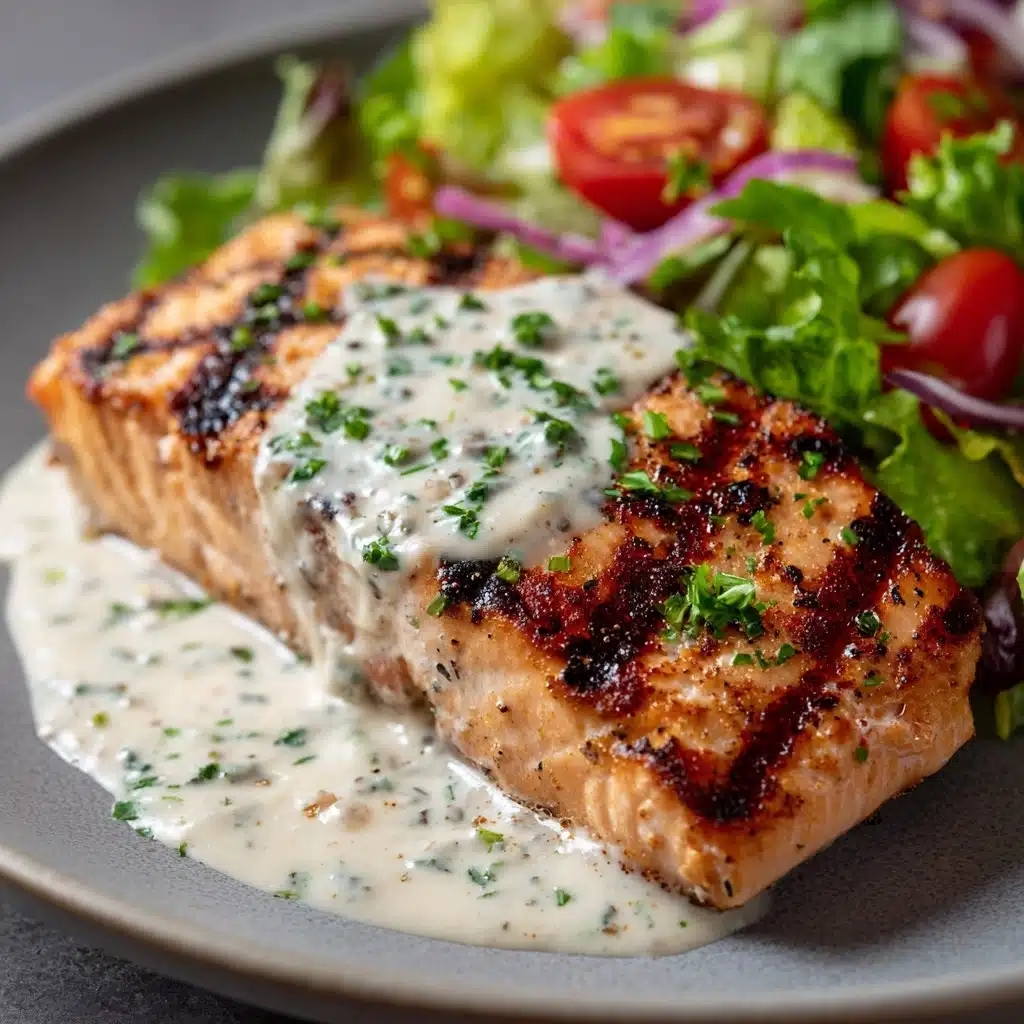 Tuna Steaks with Creamy Garlic Sauce & Salad Recipe - Recipe Image