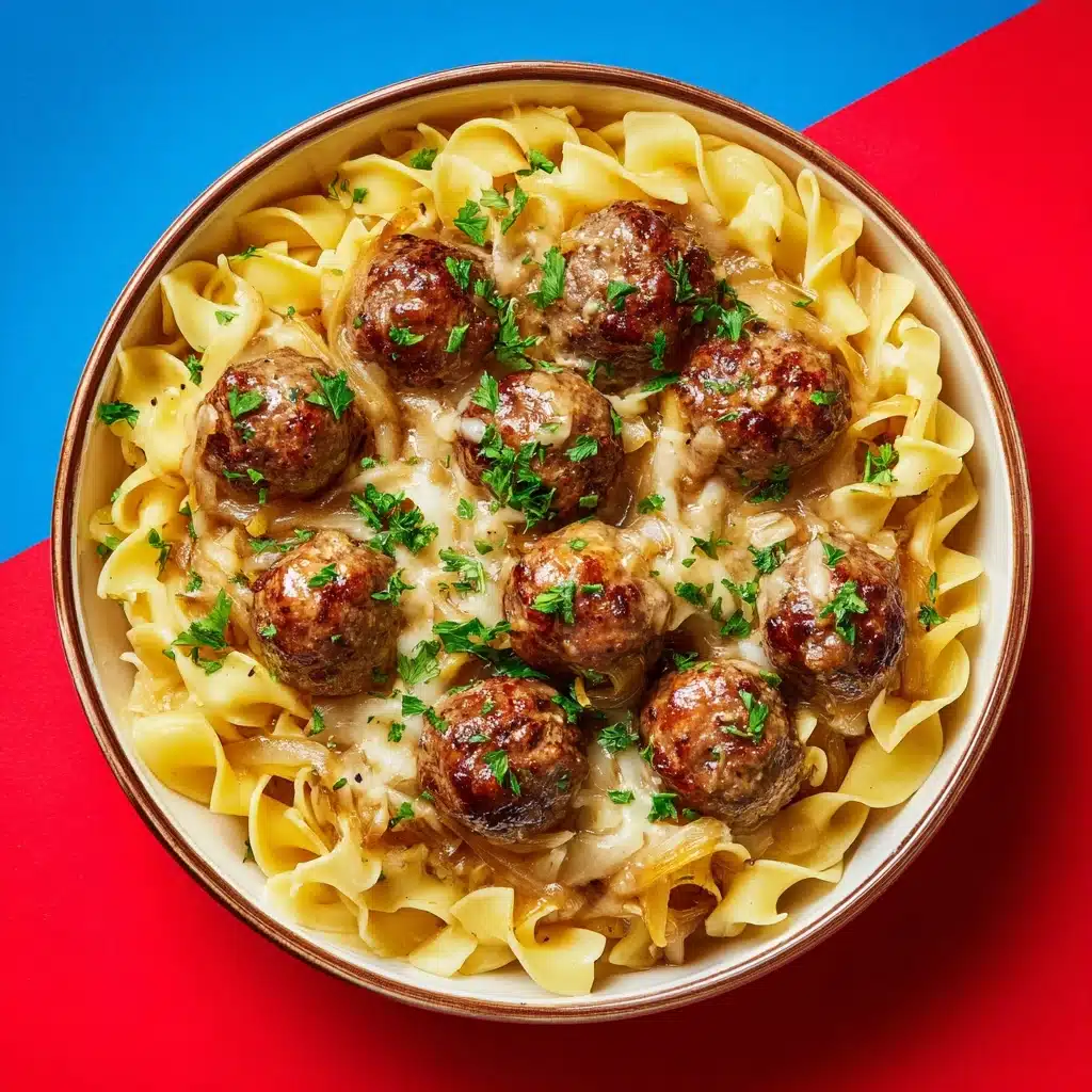 Saucy Skillet French Onion Meatballs with Egg Noodles Recipe - Recipe Image