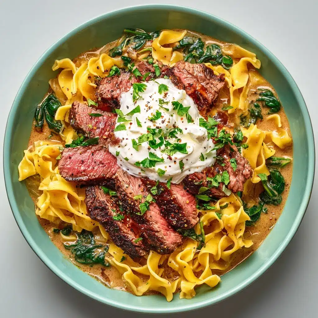 Garlic Butter Steak with Egg Noodles and Spinach Salad Recipe - Recipe Image