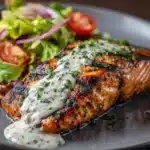 Tuna Steaks with Creamy Garlic Sauce & Salad Recipe