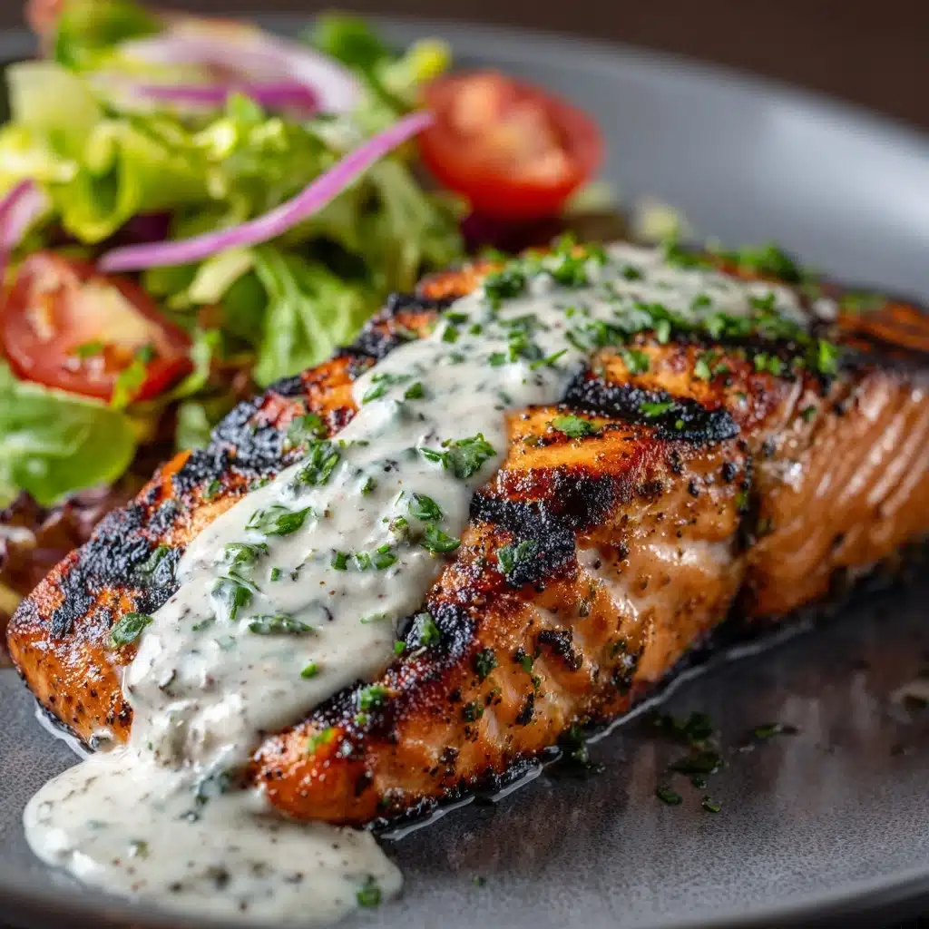 Tuna Steaks with Creamy Garlic Sauce & Salad Recipe - Recipe Image