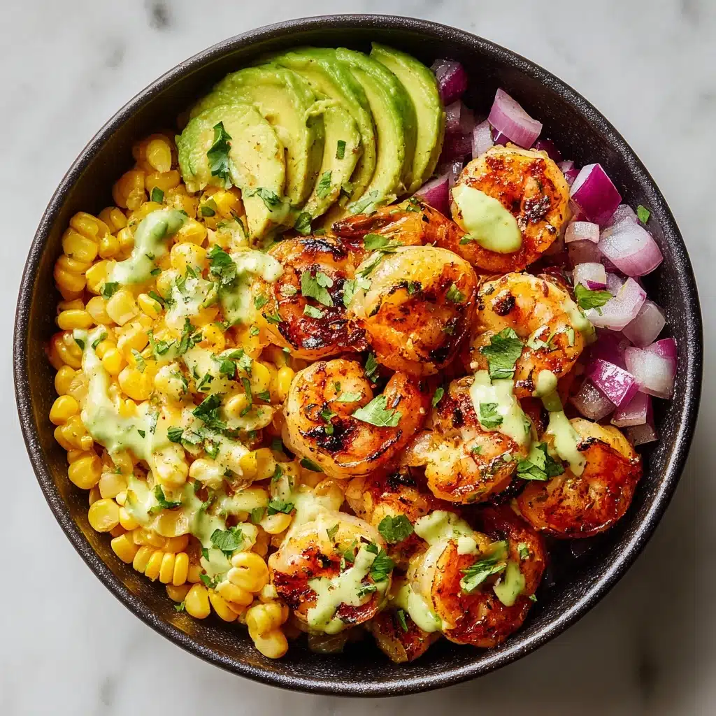Grilled Shrimp Bowl with Avocado Corn Salsa and Creamy Sauce Recipe - Recipe Image