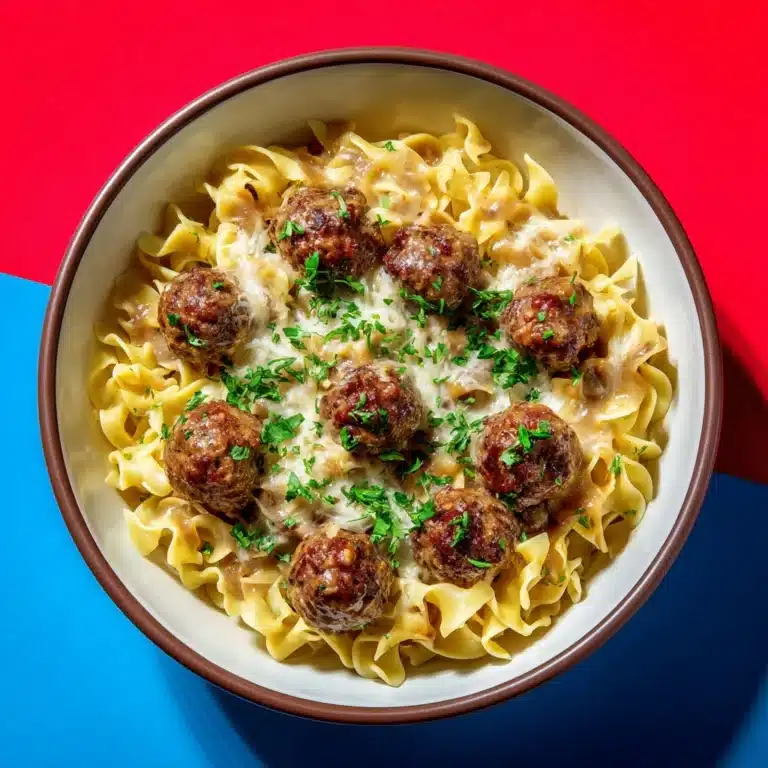 Saucy Skillet French Onion Meatballs with Egg Noodles Recipe
