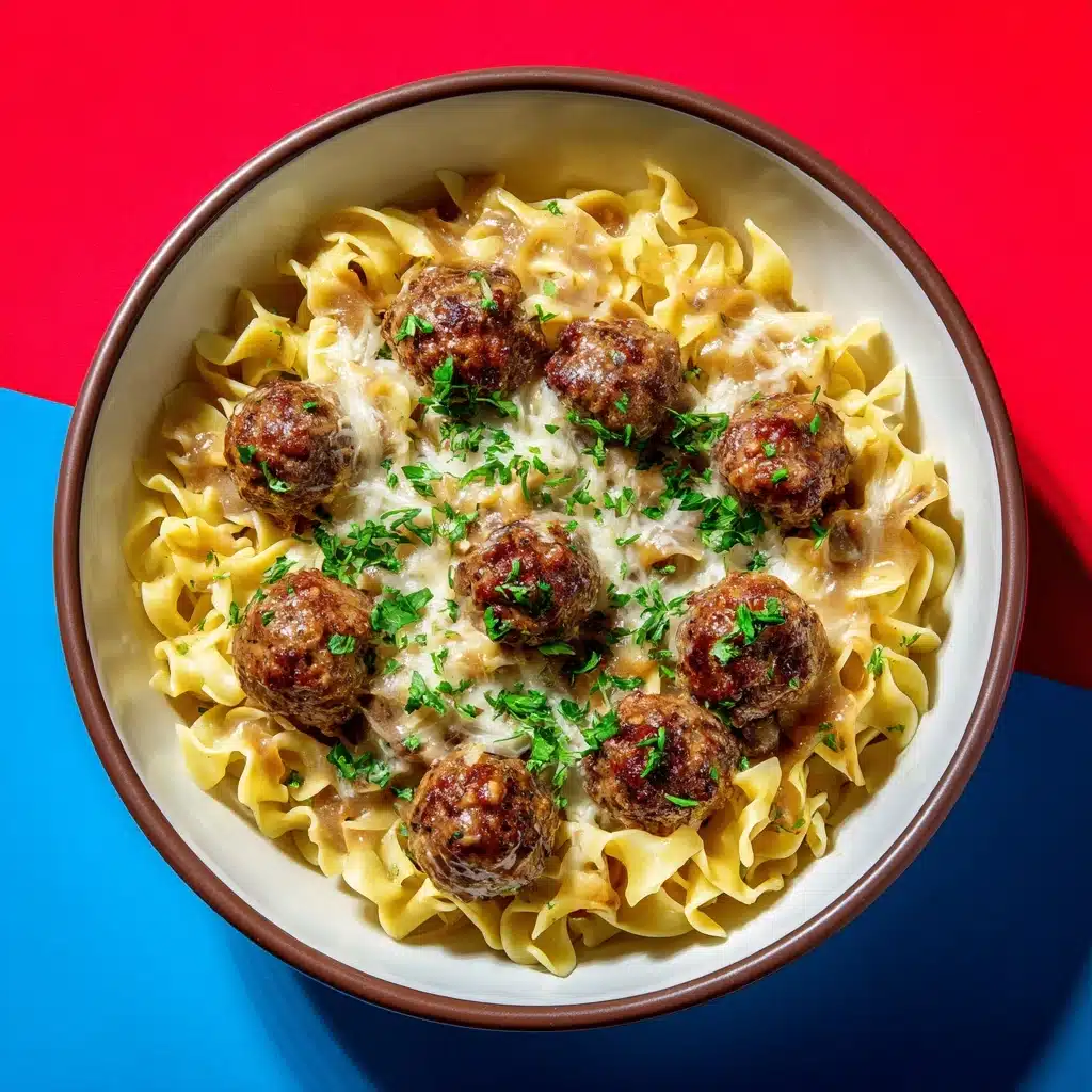 Saucy Skillet French Onion Meatballs with Egg Noodles Recipe