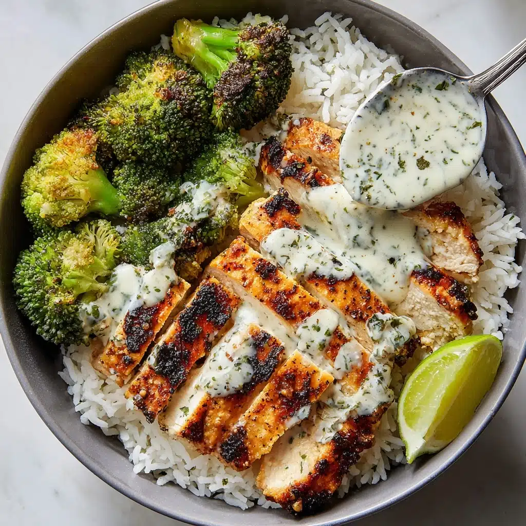 Grilled Chicken & Broccoli Bowls with Creamy Garlic Sauce Recipe