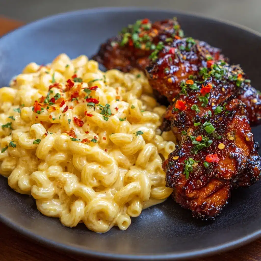 Sweet and Spicy Honey Pepper Chicken with Creamy Macaroni Cheese Recipe - Recipe Image