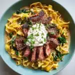 Garlic Butter Steak with Egg Noodles and Spinach Salad Recipe