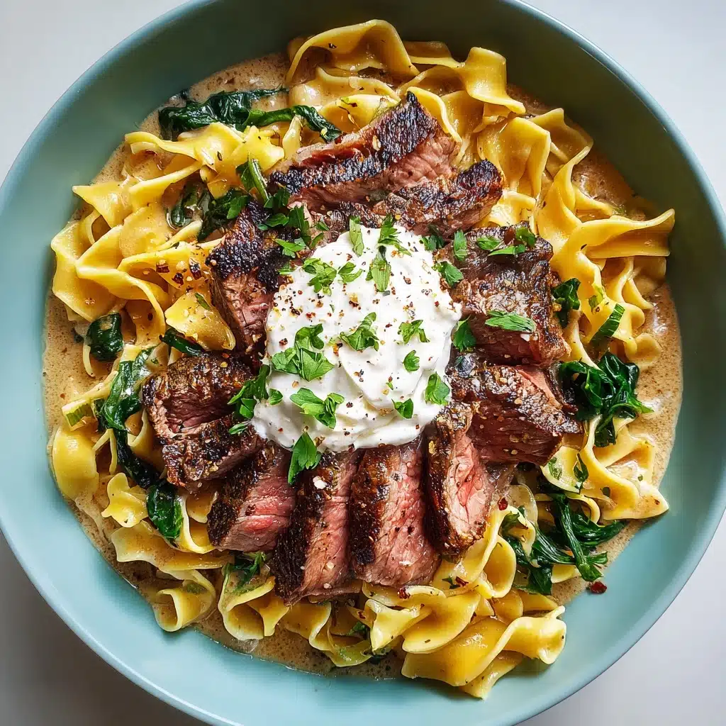Garlic Butter Steak with Egg Noodles and Spinach Salad Recipe