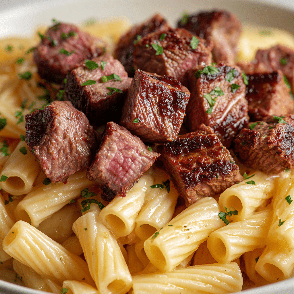 Garlic Butter Steak Tips with Cheesy Rigatoni Recipe - Recipe Image