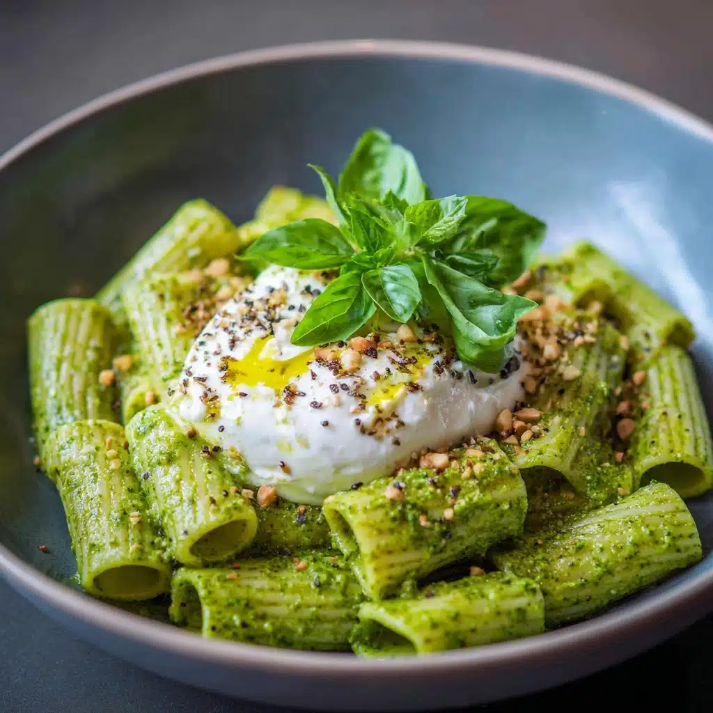 Creamy One Pot Rigatoni with Basil-Pistachio Pesto & Burrata Recipe - Recipe Image