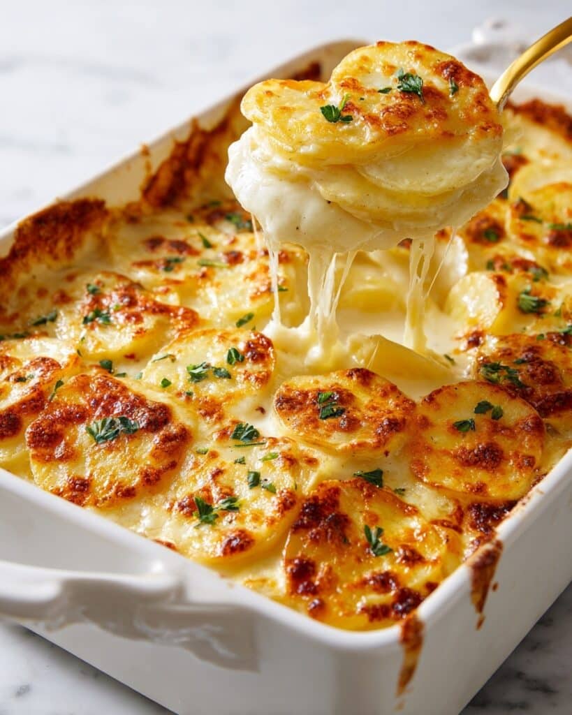 Cheesy Scalloped Potatoes with Caramelized Onions Recipe