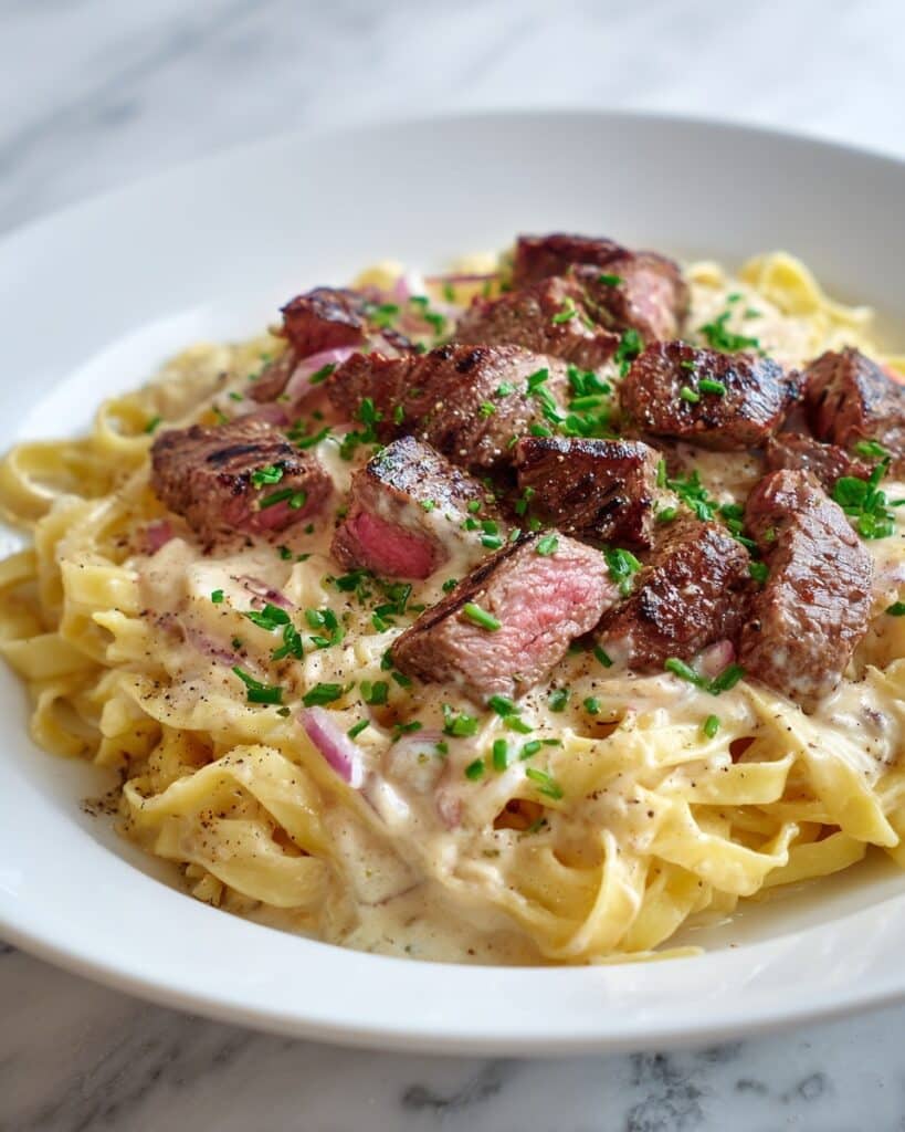 Savory Steak Gorgonzola Alfredo with Creamy Parmesan Sauce Recipe