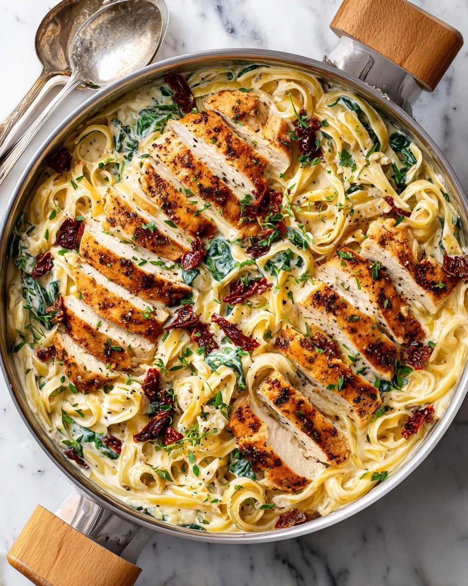 Creamy Chicken Pasta with Spinach and Sun-Dried Tomatoes Recipe - Recipe Image
