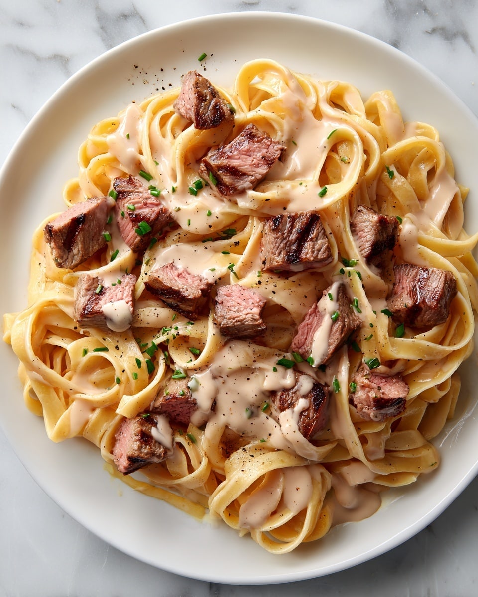 Savory Steak Gorgonzola Alfredo with Creamy Parmesan Sauce Recipe - Recipe Image
