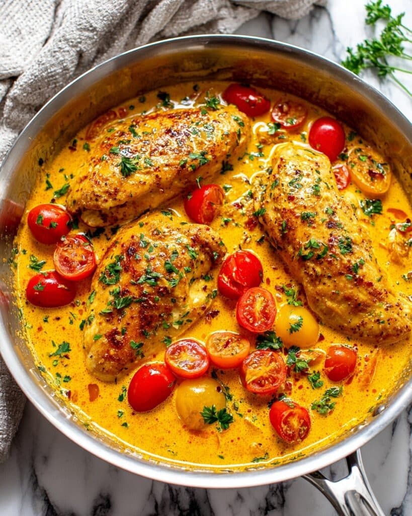 Creamy Pesto Chicken with Roasted Tomatoes Recipe