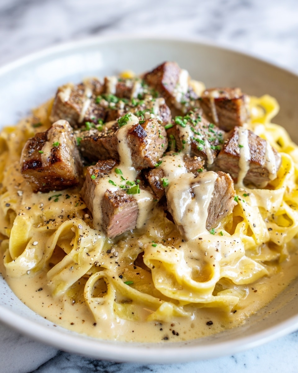 Savory Steak Gorgonzola Alfredo with Creamy Parmesan Sauce Recipe - Recipe Image