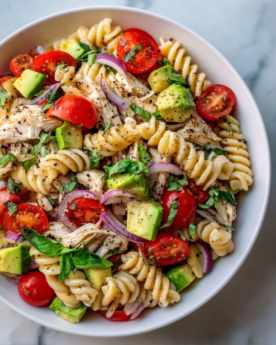 Healthy Chicken Pasta Salad with Avocado and Tomato Recipe - Recipe Image