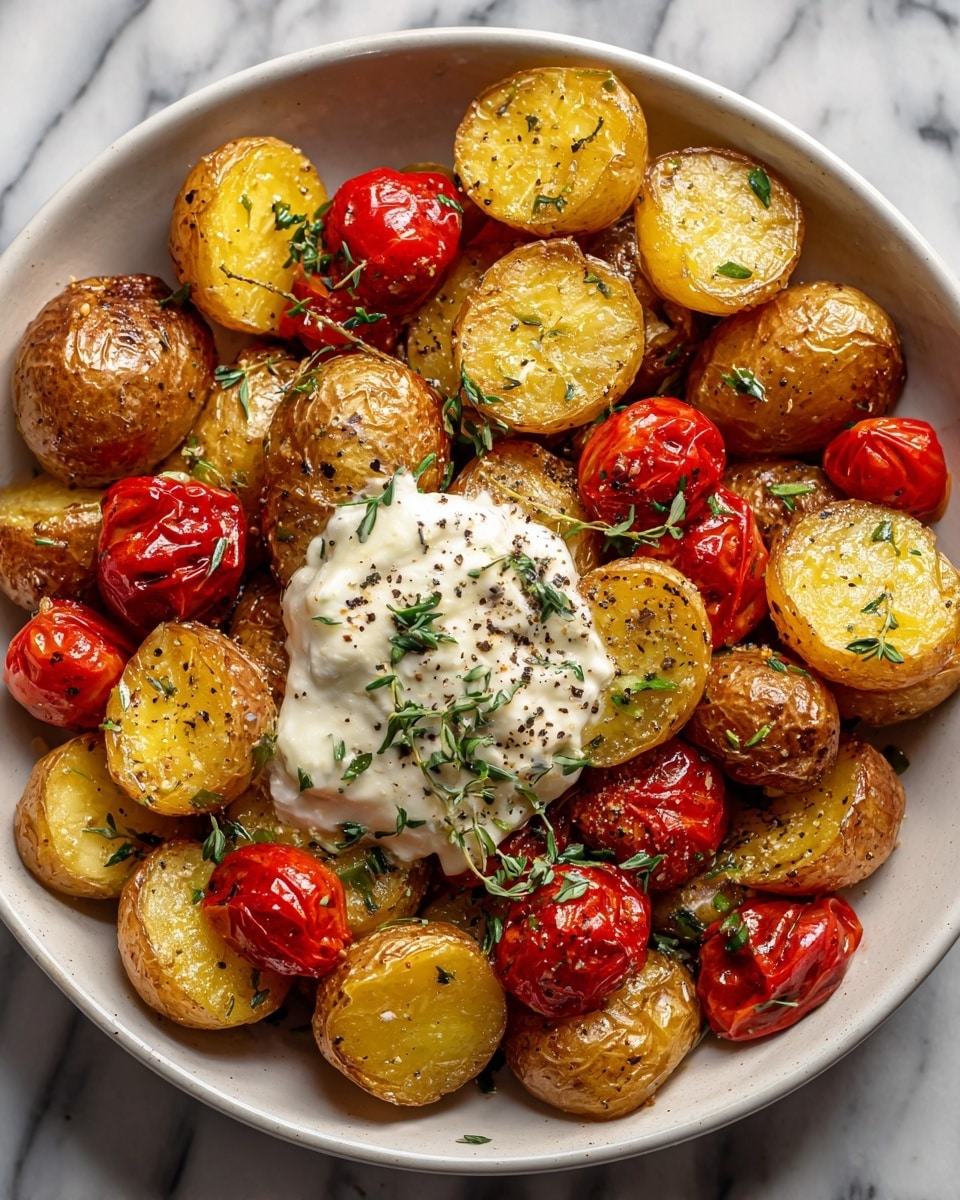 Lemon Honey Brown Butter Roasted Potatoes with Ricotta and Cherry Tomatoes Recipe - Recipe Image