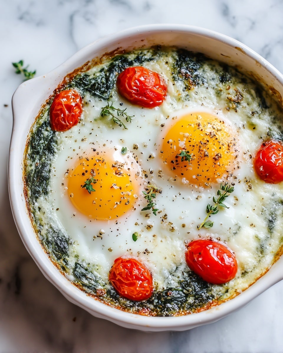 Baked Feta Eggs with Tomatoes and Spinach Recipe - Recipe Image