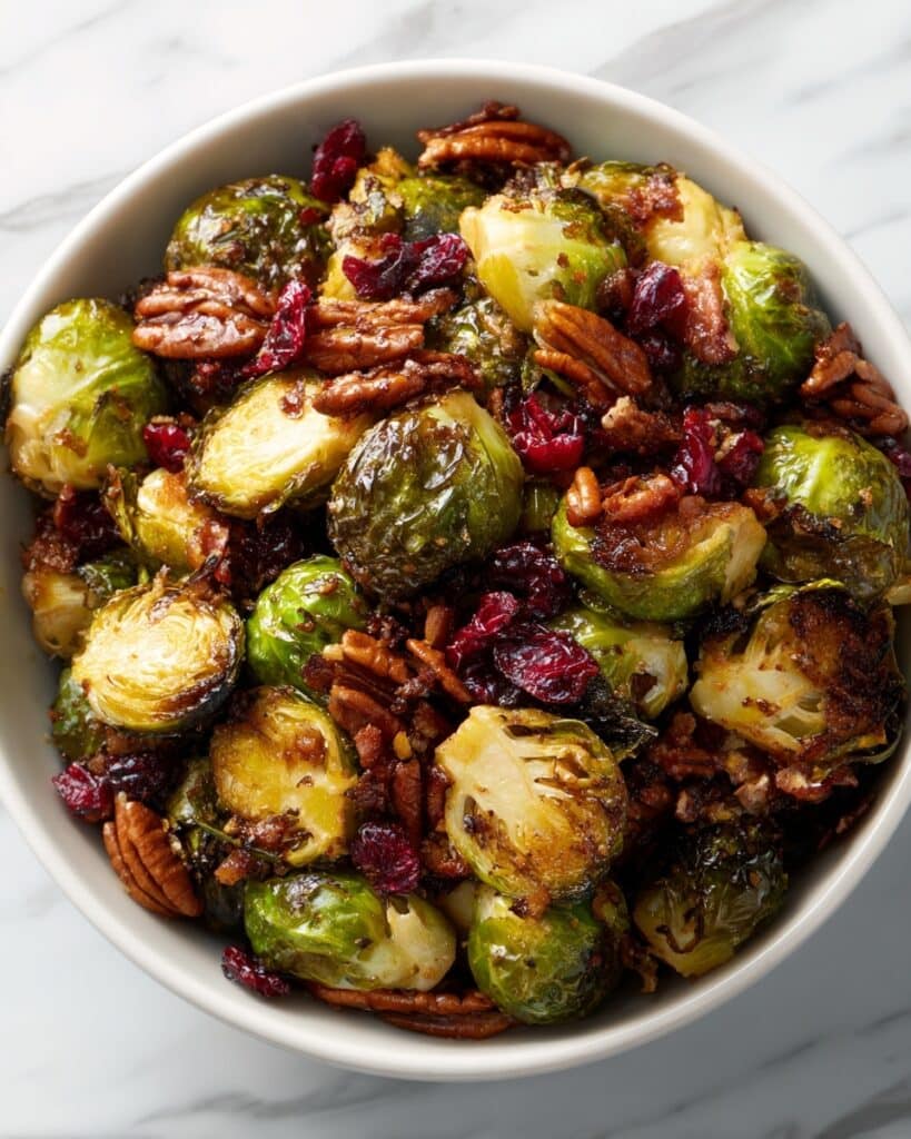 Balsamic Roasted Brussels Sprouts with Cranberries & Pecans Recipe