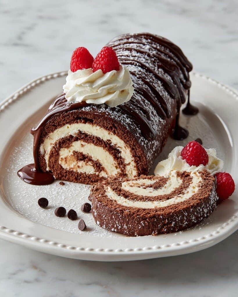 Chocolate Cake Roll with Chocolate Ganache and Whipped Cream Filling Recipe