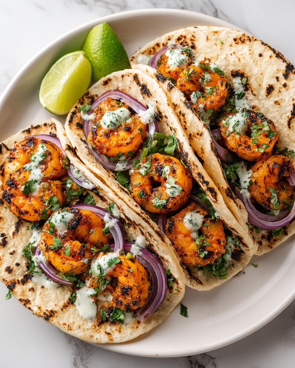 Quick Shrimp Tacos with Creamy Sauce and Fresh Veggies Recipe - Recipe Image