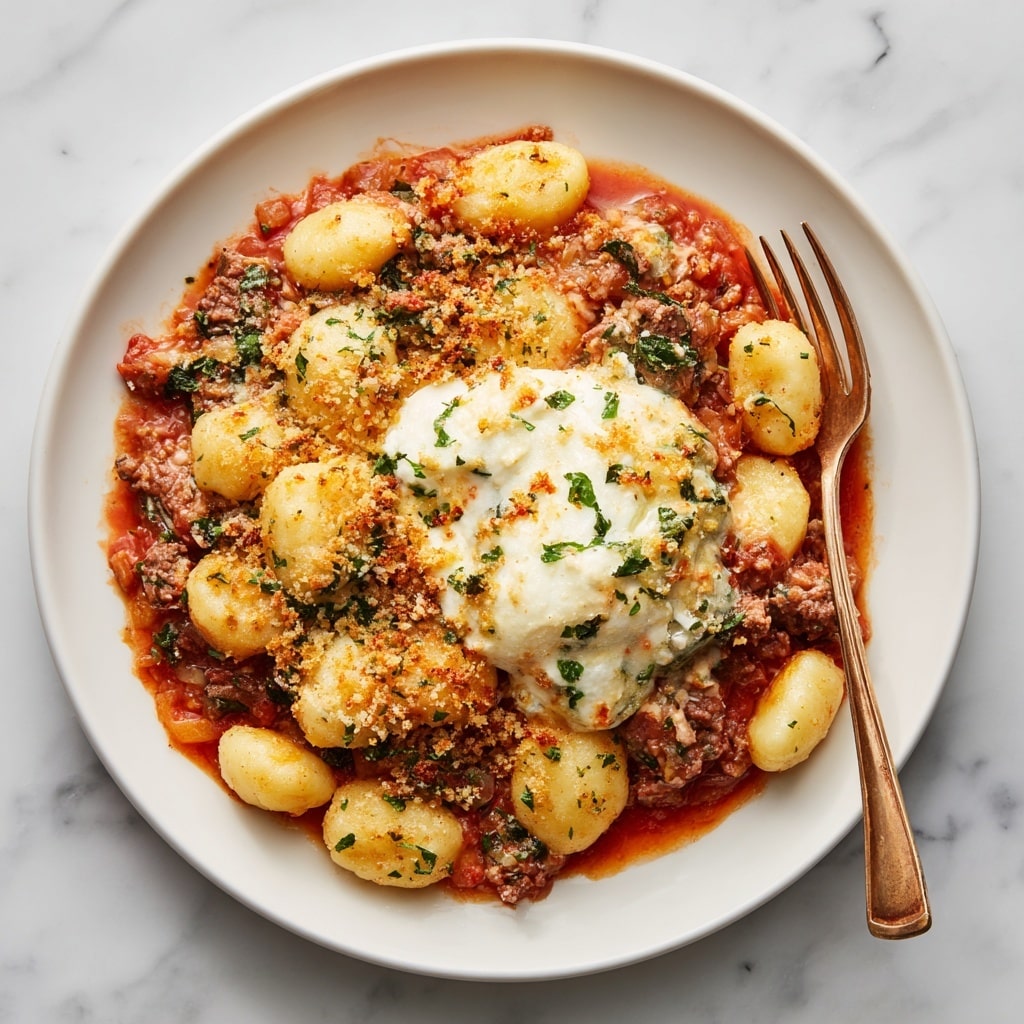 Millionaire Gnocchi with Red Sauce, Herbed Ricotta, and Golden Crispies Recipe - Recipe Image