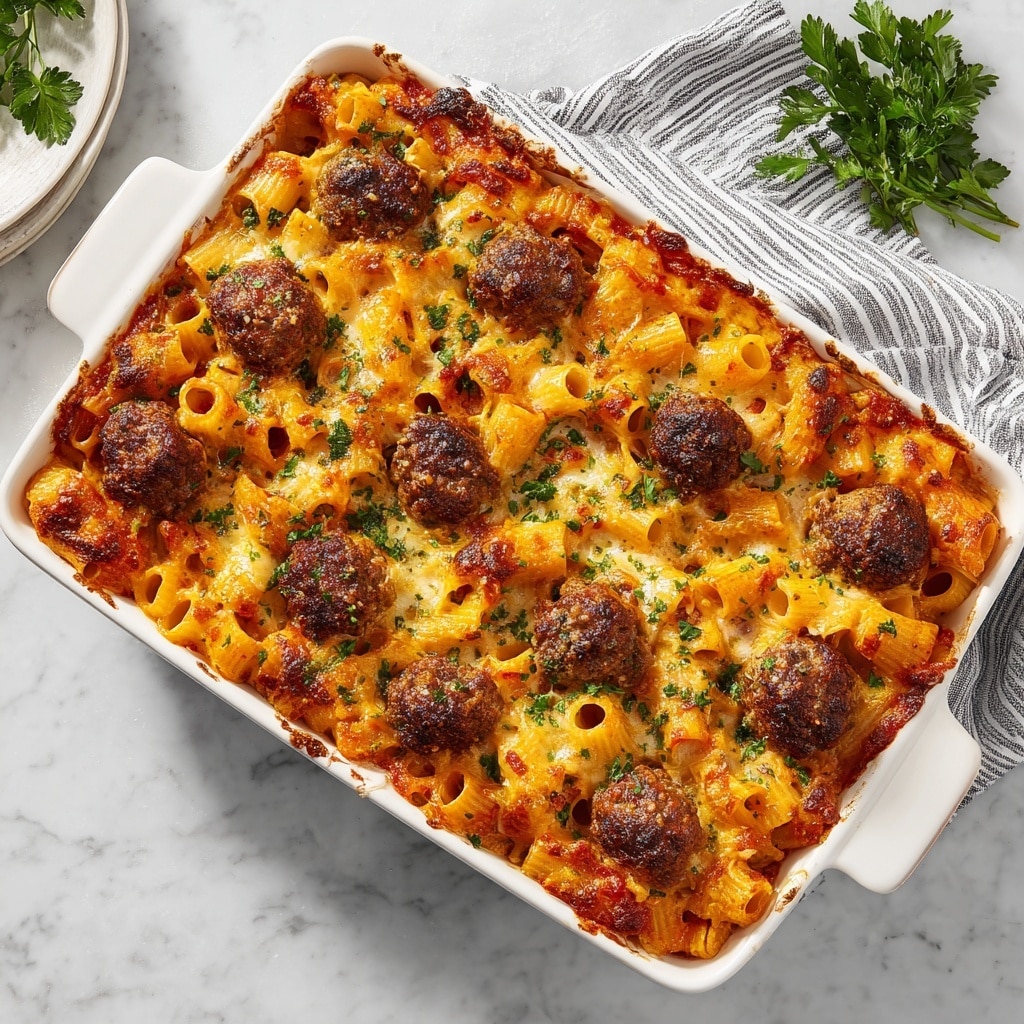 Cheesy Meatball Pasta Bake Recipe - Recipe Image