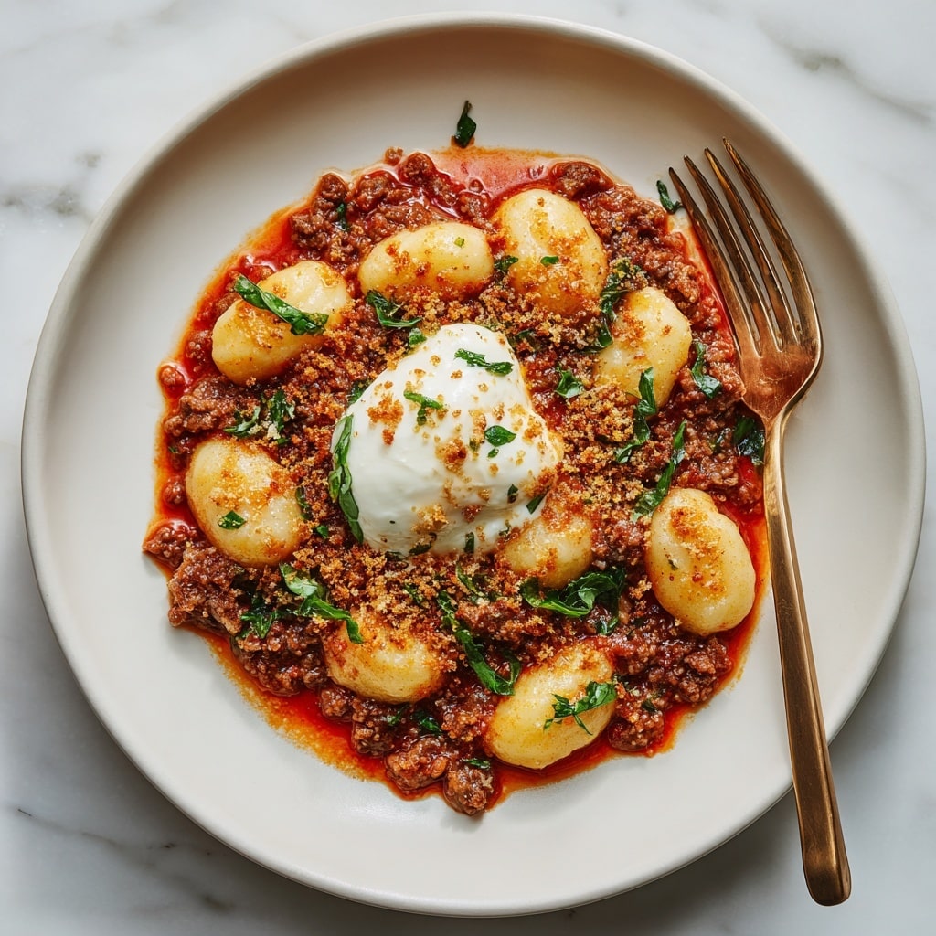 Millionaire Gnocchi with Red Sauce, Herbed Ricotta, and Golden Crispies Recipe - Recipe Image
