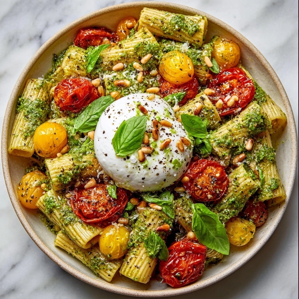 Lemon Pesto Rigatoni with Burrata & Roasted Pine Nuts Recipe