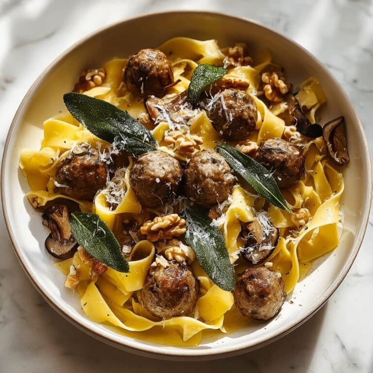 Winter Pasta with Mushrooms, Sausage Meatballs, Walnuts & Crispy Sage Recipe
