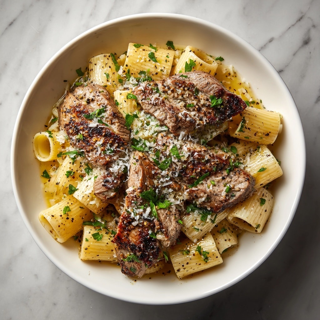 Garlic Butter Steak Tips with Cheesy Rigatoni Recipe