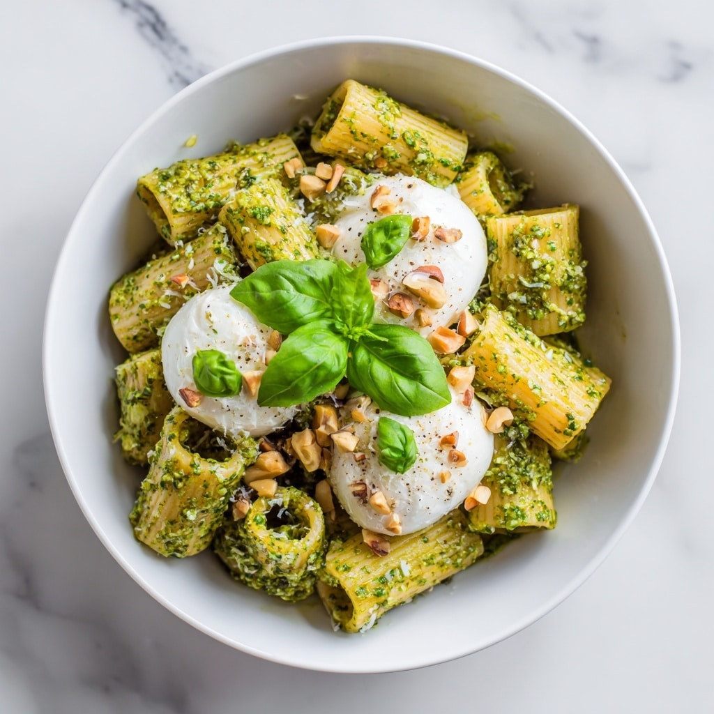 Creamy One Pot Rigatoni with Basil-Pistachio Pesto & Burrata Recipe