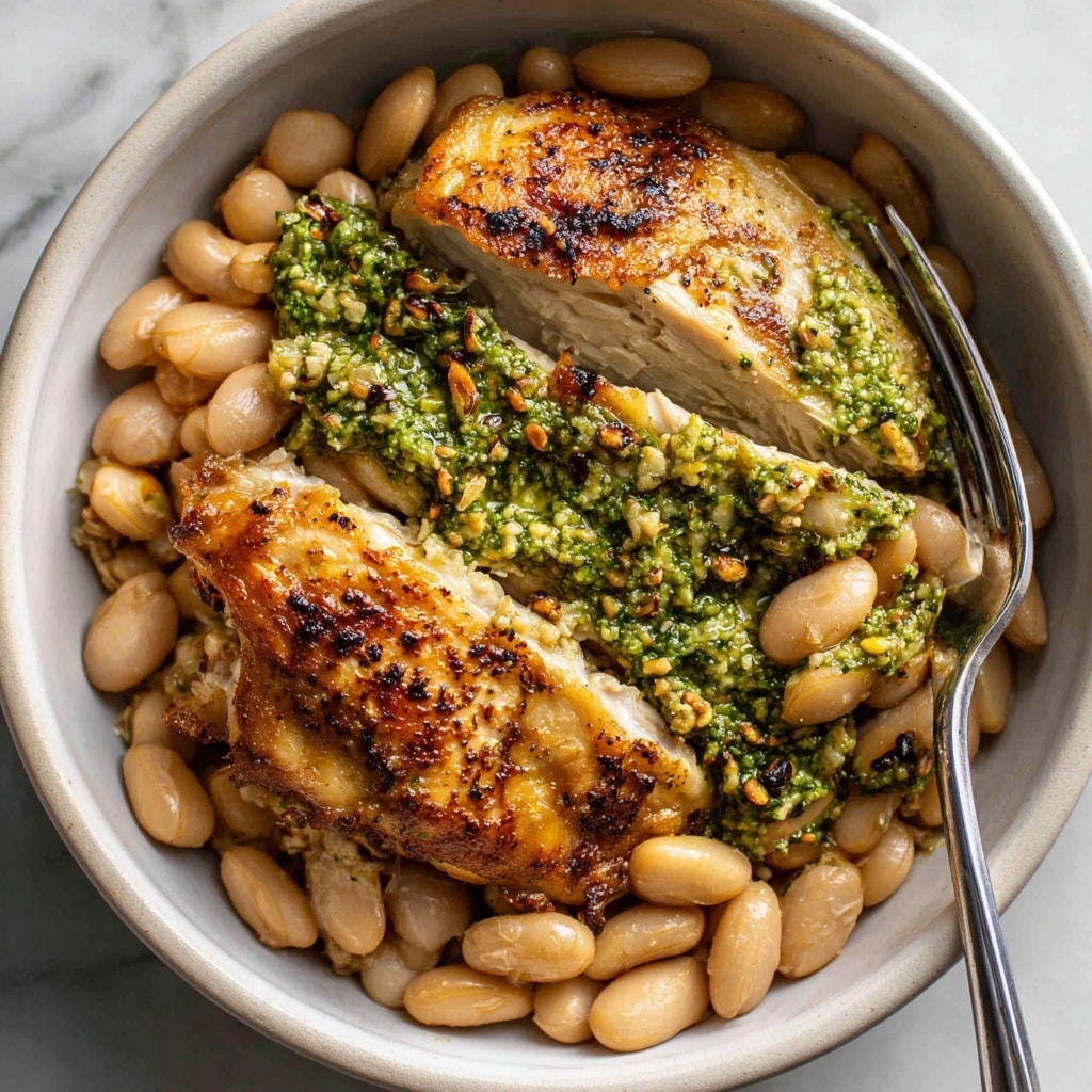 One-Pan Crispy Chicken with Cannellini Beans and Pistachio Pesto Recipe - Recipe Image