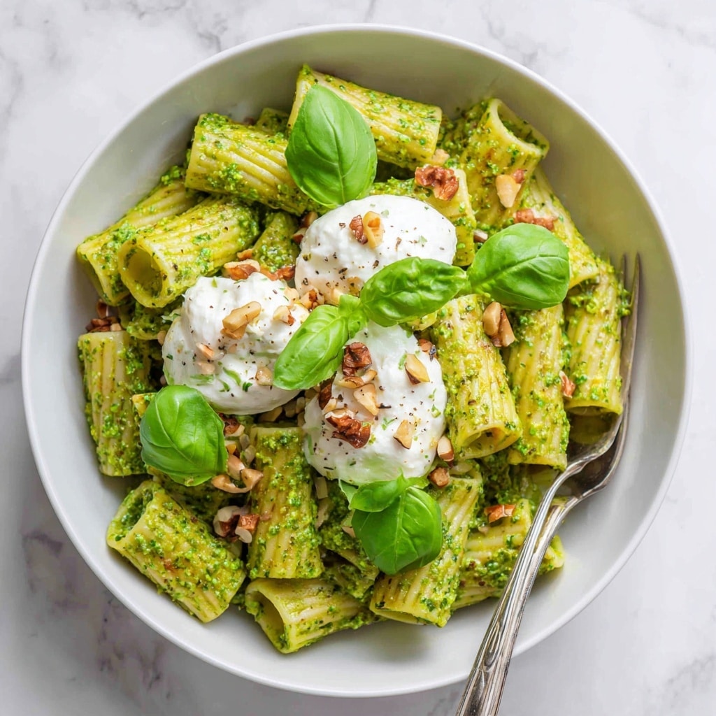 Creamy One Pot Rigatoni with Basil-Pistachio Pesto & Burrata Recipe - Recipe Image