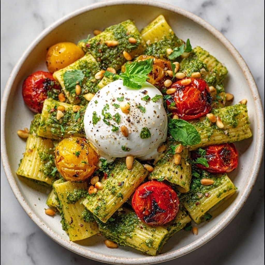 Lemon Pesto Rigatoni with Burrata & Roasted Pine Nuts Recipe - Recipe Image
