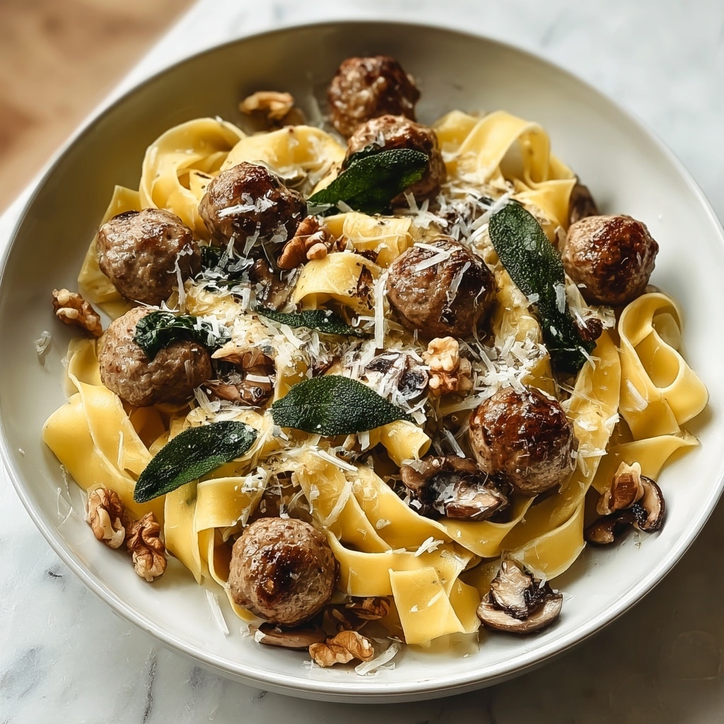 Winter Pasta with Mushrooms, Sausage Meatballs, Walnuts & Crispy Sage Recipe - Recipe Image