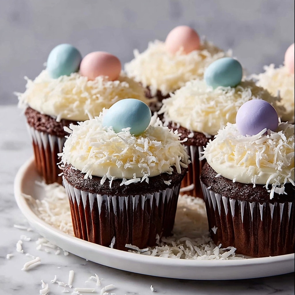 Easter Chocolate Ganache Cupcakes with Coconut Frosting Recipe - Recipe Image