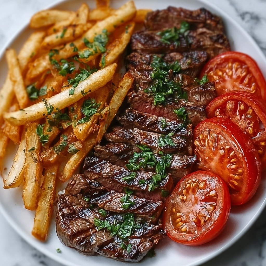 Grilled Steak with Tomato Salad and Crispy French Fries Recipe - Recipe Image
