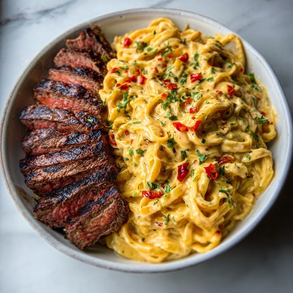 Spicy Cajun Steak with Creamy Alfredo Pasta Recipe - Recipe Image