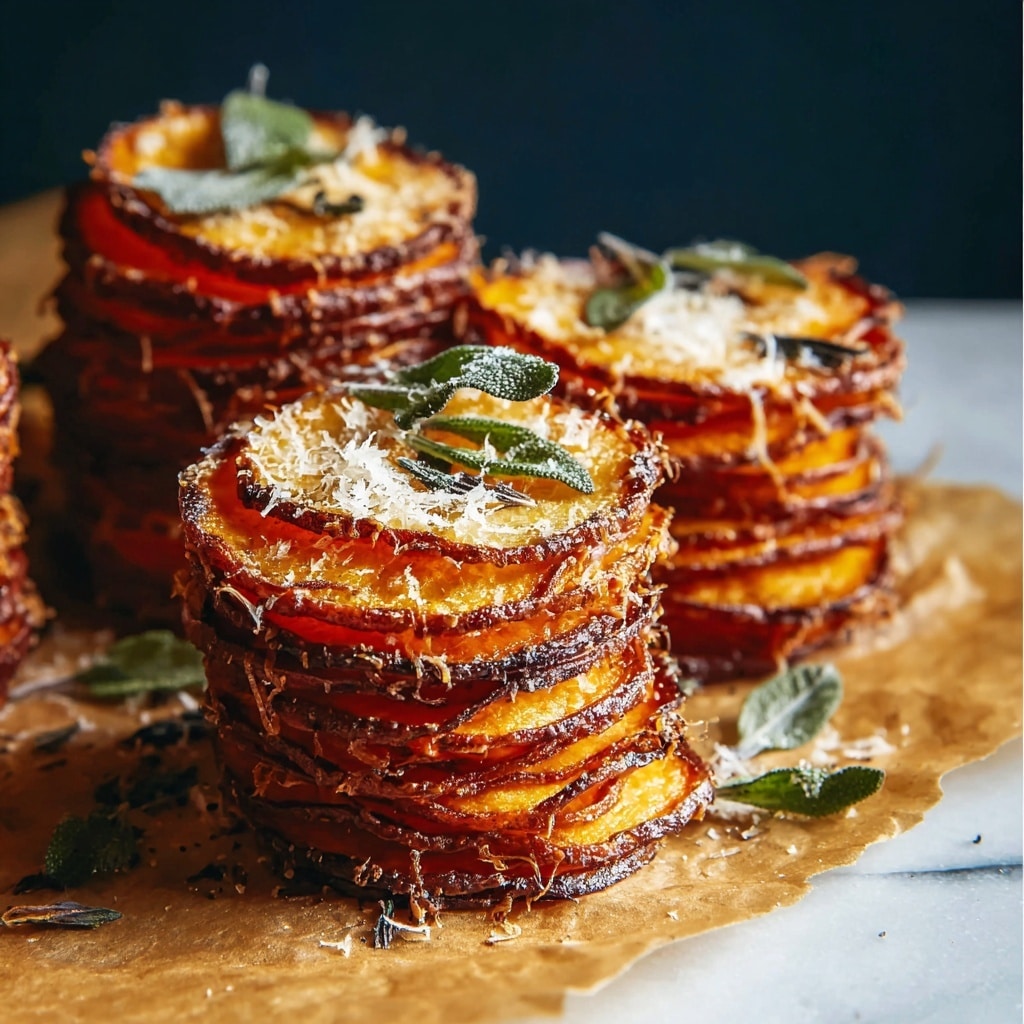 Crispy Parmesan Thyme Sweet Potato Stacks Recipe - Recipe Image