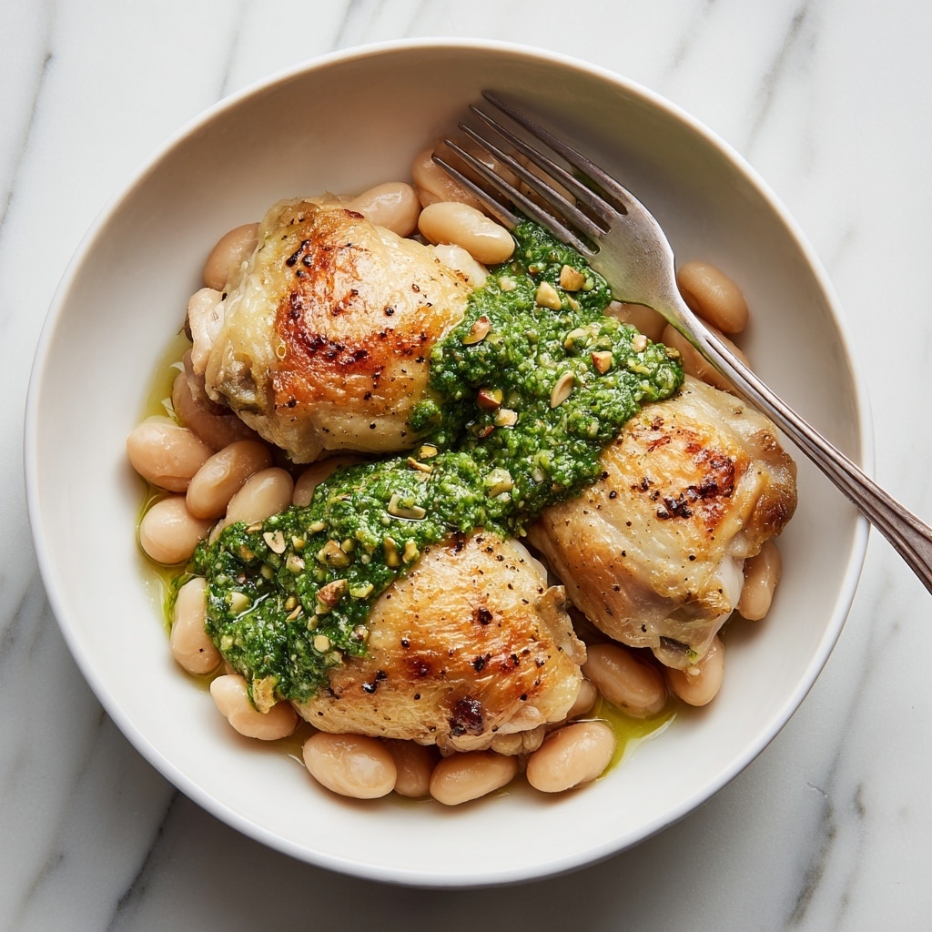 One-Pan Crispy Chicken with Cannellini Beans and Pistachio Pesto Recipe - Recipe Image