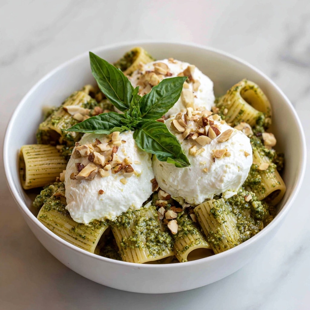 Creamy One Pot Rigatoni with Basil-Pistachio Pesto & Burrata Recipe - Recipe Image