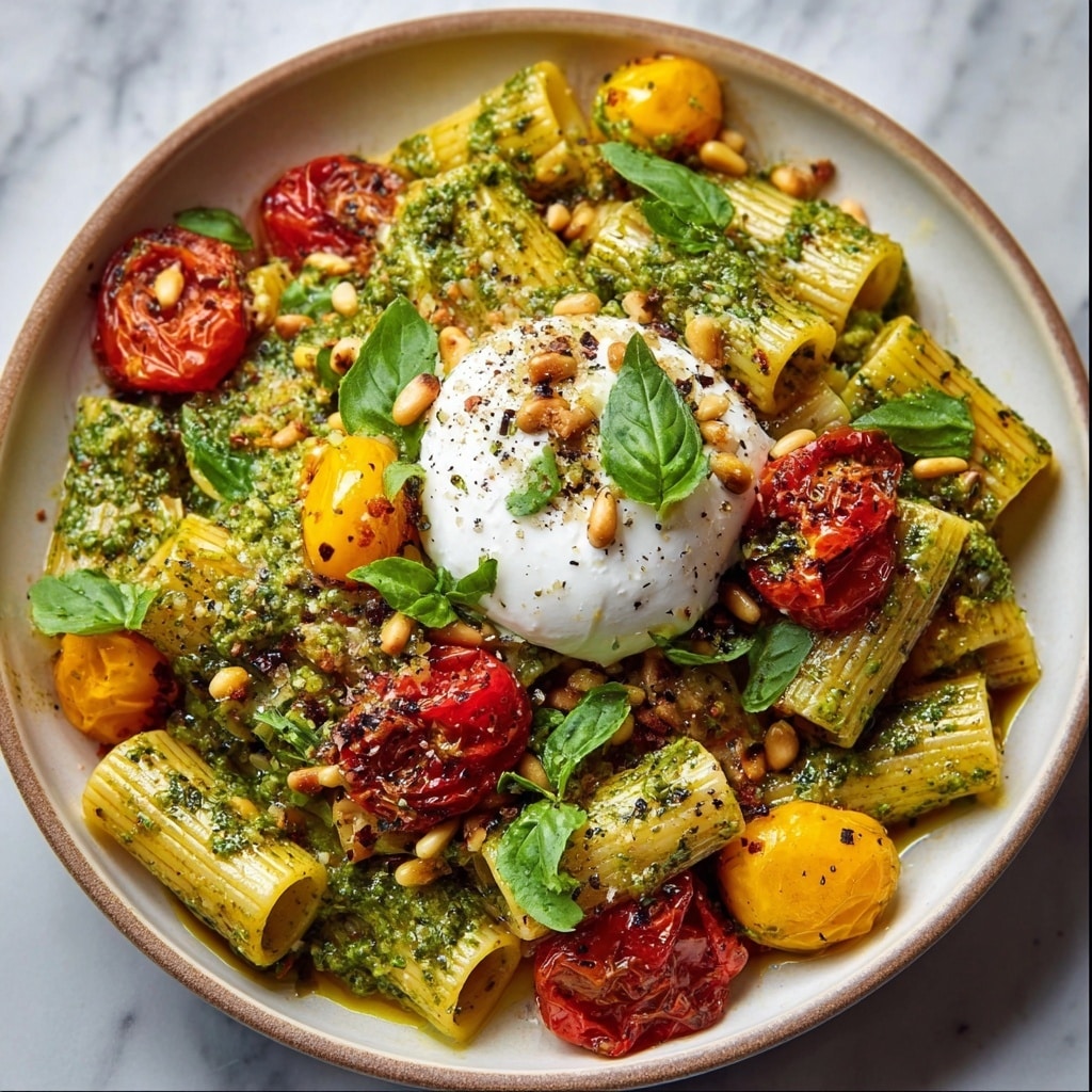 Lemon Pesto Rigatoni with Burrata & Roasted Pine Nuts Recipe - Recipe Image