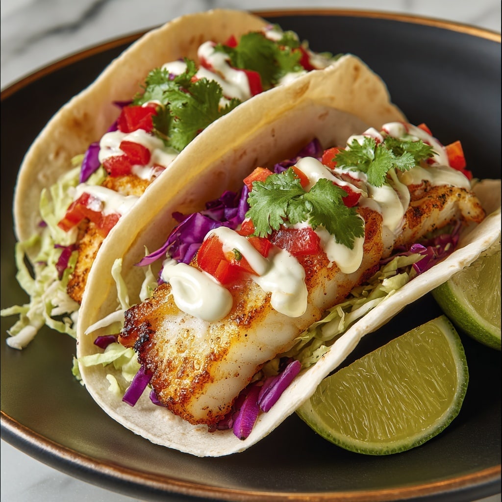 Fish Tacos with Lime Crema and Cabbage Slaw Recipe - Recipe Image