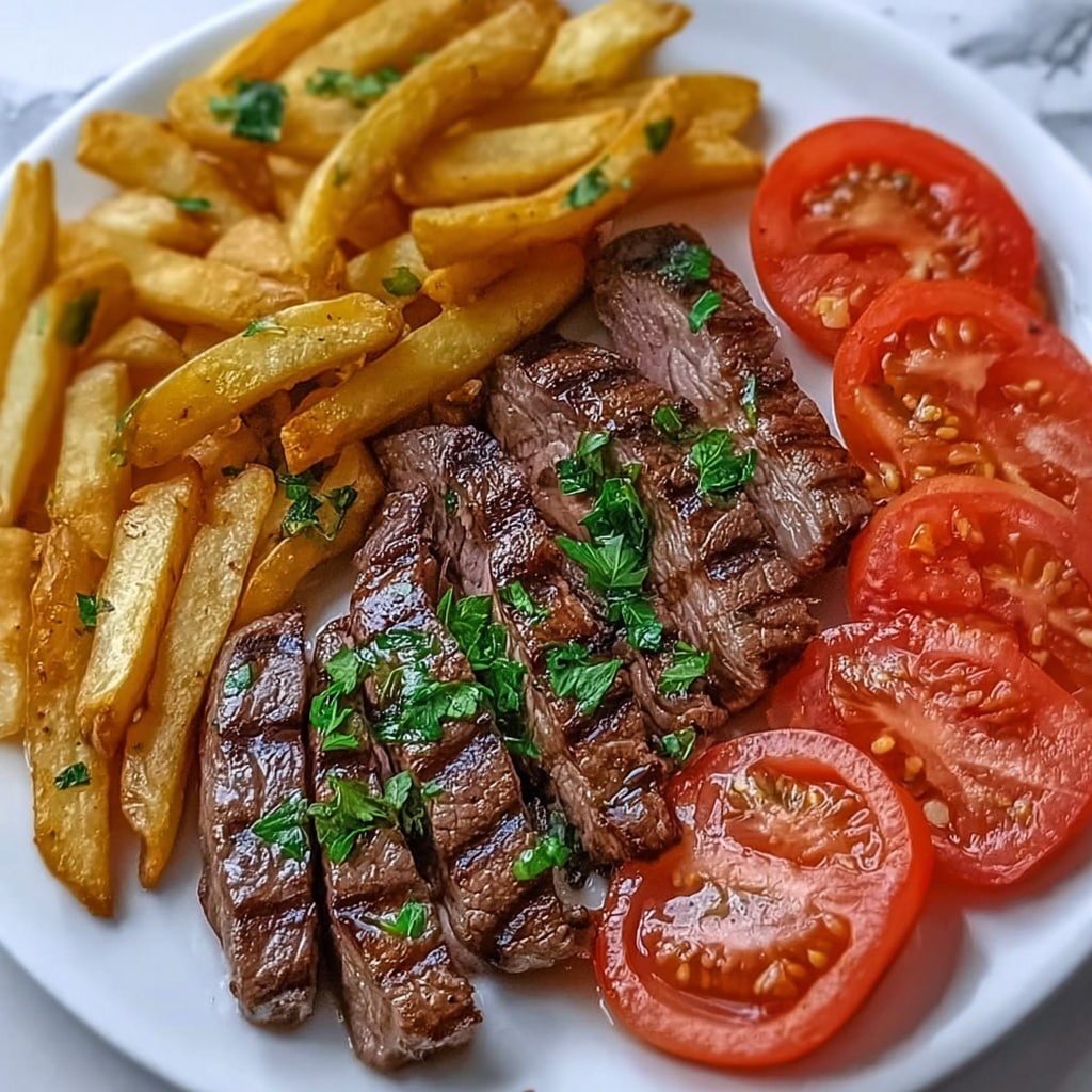 Grilled Steak with Tomato Salad and Crispy French Fries Recipe - Recipe Image