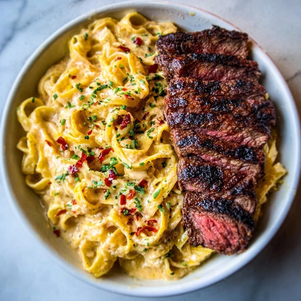 Spicy Cajun Steak with Creamy Alfredo Pasta Recipe - Recipe Image