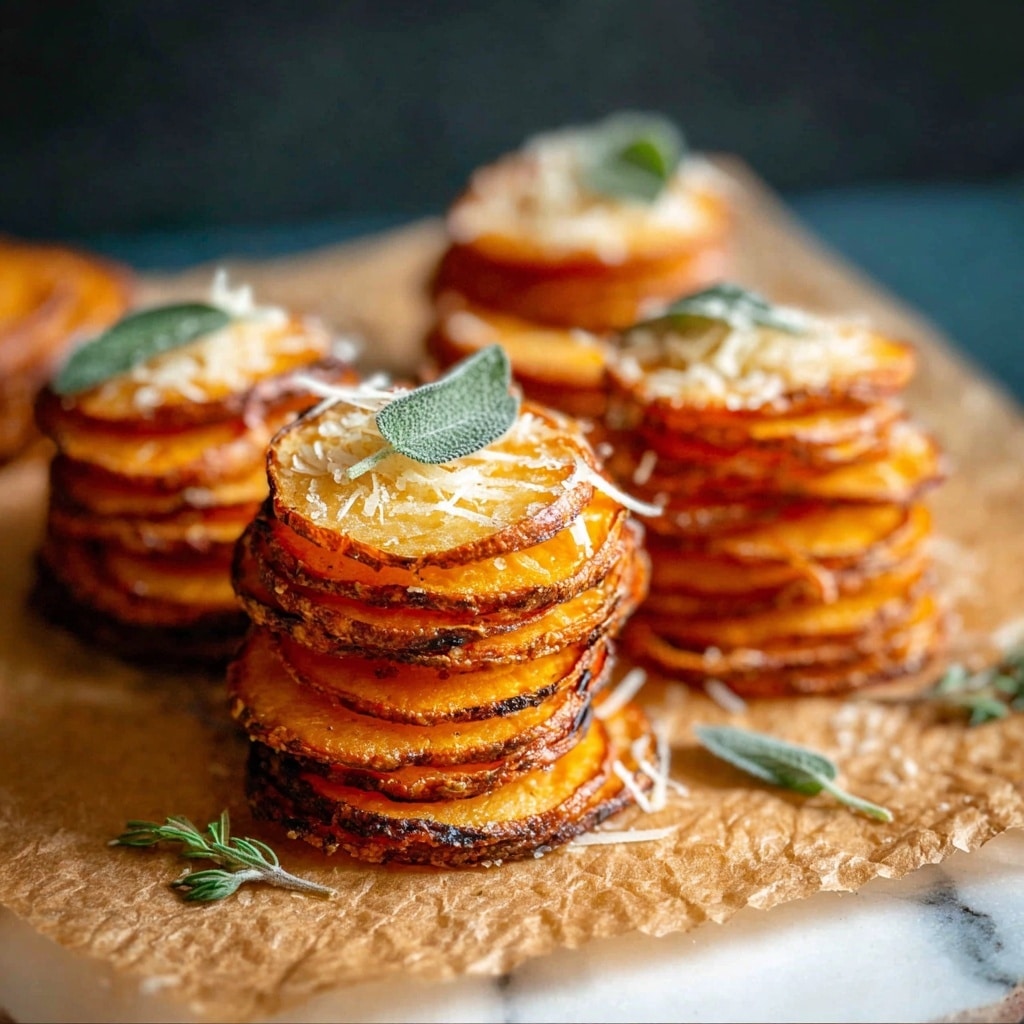 Crispy Parmesan Thyme Sweet Potato Stacks Recipe - Recipe Image