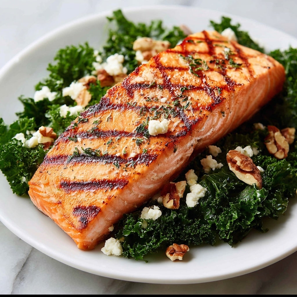 Grilled Salmon Salad with Kale, Parmesan, Pecans, and Honey Lemon Vinaigrette Recipe