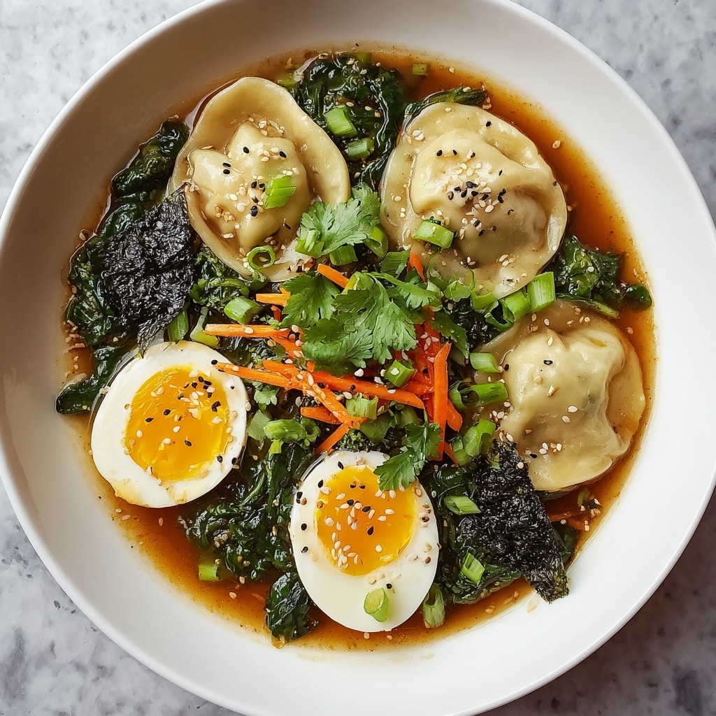 Savory Dumpling Ramen Bowl with Soft-Boiled Eggs and Fresh Greens Recipe